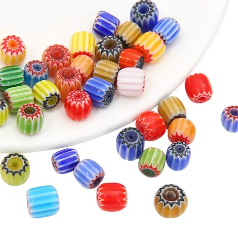 Colorful Millefiori Glass Beads Chevron Striped Barrel Beads For Bracelet Necklace Making Supplies Handmade Vintage Craft Jewelry Accessories