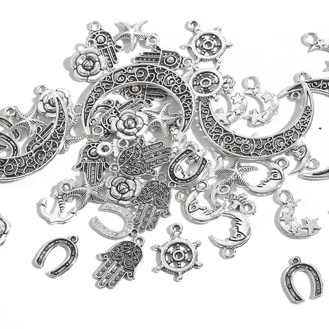 Vintage Antique Silver Alloy Charms Pendants For DIY Jewelry Making Moon Starfish Flower Tower Anchor Rudder Nautical DIY Accessories