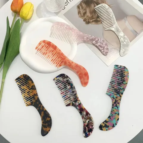 Vintage Acetate Wide Tooth Hair Comb Retro Marble Pattern Anti Static Styling Tool With Ergonomic Handle For Women