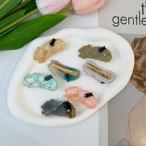 Süße Cartoon Katze Acryl Haarklammer Für Damen Süßer Glitzer Katzenkopf Entenschnabel Seitenclip Mit Kunstperle Und Fischgräte