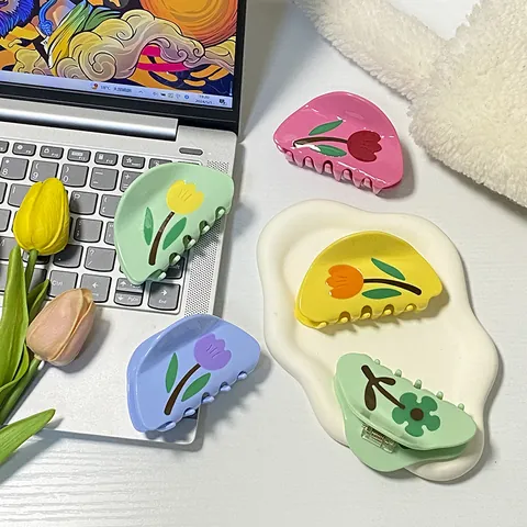Korean Cellulose Acetate Hair Claw Clip Elegant Tulip Floral Pattern Shark Clip For Women Daily Hair Styling Accessory