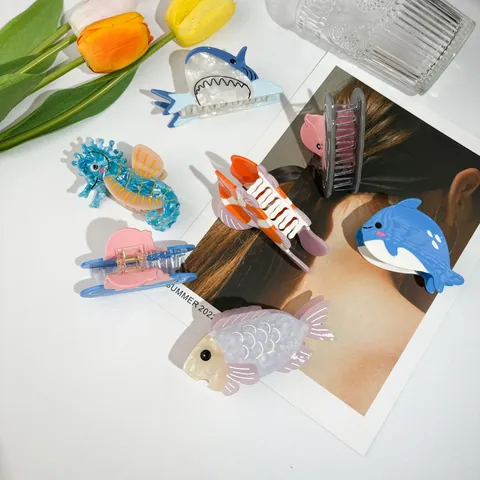 Pinzas para el Cabello de Acetato de Animales Marinos Creativos Tiburón Delfín Pez Payaso Cangrejo Caballito de Mar Concha
