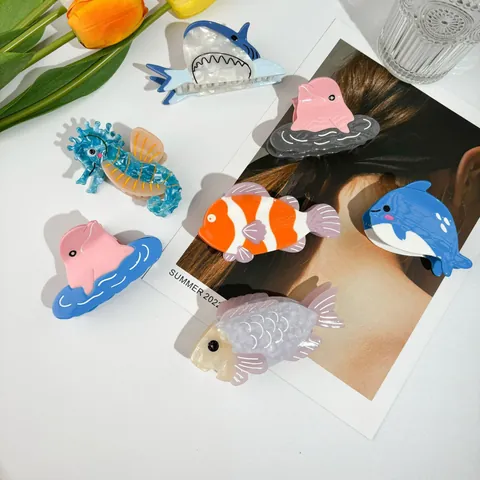Creative Ocean Animal Acetate Hair Claw Clips Cute Shark Dolphin Clownfish Crab Seahorse Shell Hair Catch For Women Girls