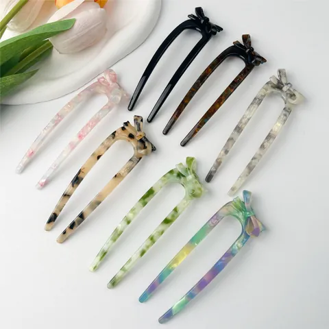 French Vintage Acetate Bow Hair Fork U Shaped Hair Stick Elegant Marble Tortoiseshell Hair Accessories For Women Bun Styling
