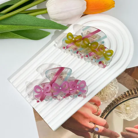 Pinza para el Cabello con Lazo de Acetato Dulce Perla Artificial Rayada Estilo Ins Tocado Grande para Mujer Accesorios