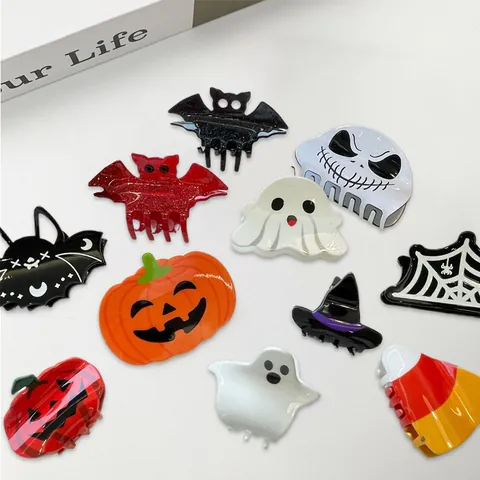 Halloween Acrylic Hair Claws For Women Ghost Pumpkin Bat Skull Witch Hat Candy Corn Party Hair Clips Gothic Hair Accessories