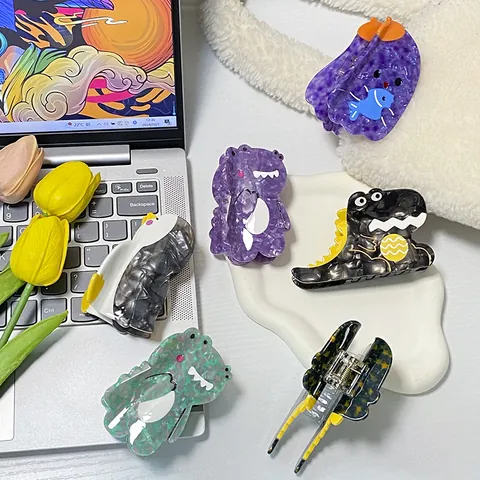 Cute Cartoon Animal Acetate Hair Claw Clips Dinosaur Penguin Shape Marble Texture Large Hair Grip For Women Girls
