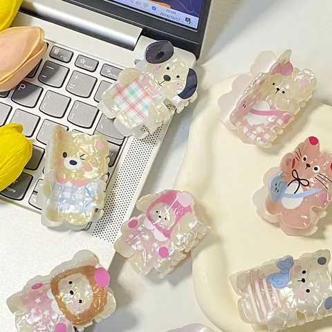 Cute Cartoon Animal Hair Claw Acrylic Pearl Luster Bear Rabbit Cat Dog Hair Clip Sweet Korean Style Shark Clip Hair Accessories For Women Girls