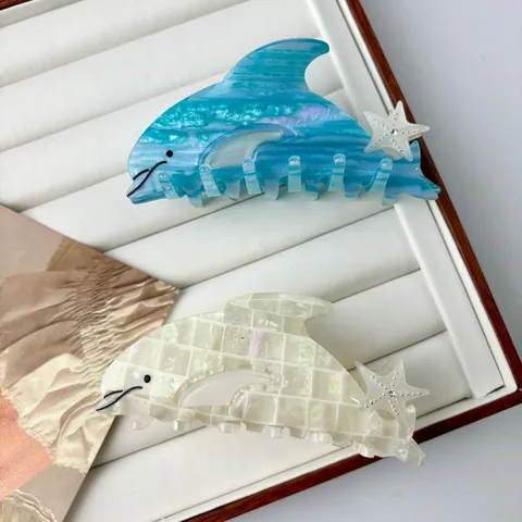 Pince à Cheveux Dauphin en Acétate Français Marbre Bleu Quadrillé Blanc Étoile de Mer Strass Accessoires Cheveux Femme