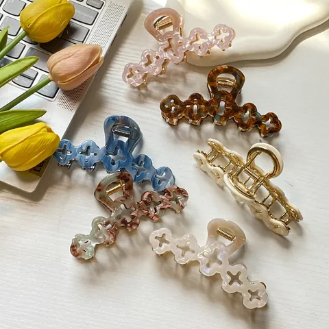 Elegant Flower Acetate Hair Claw Clip For Women Hollow Out Clover Shark Clip Large Marble Tortoise Shell Hair Accessories