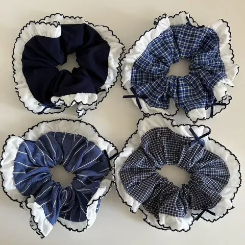 Navy Blue Velvet Plaid Striped Scrunchie With Lace Ruffle Edge And Bowknot Preppy Style Hair Accessories For Women Daily Decoration
