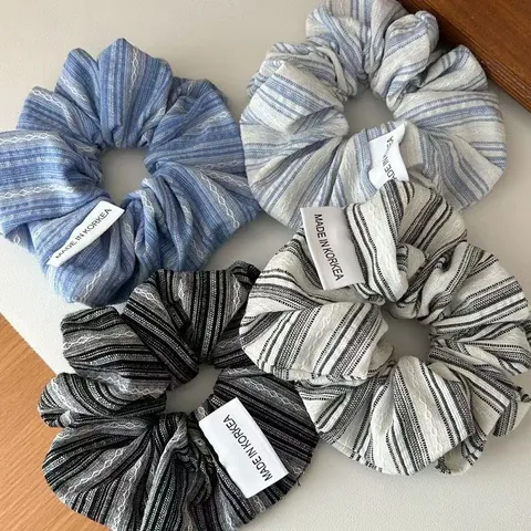 Striped Fabric Scrunchie Fresh Sea Salt Blue Wavy Pattern High Elastic Hair Ring Headwear For Women Girls Accessory
