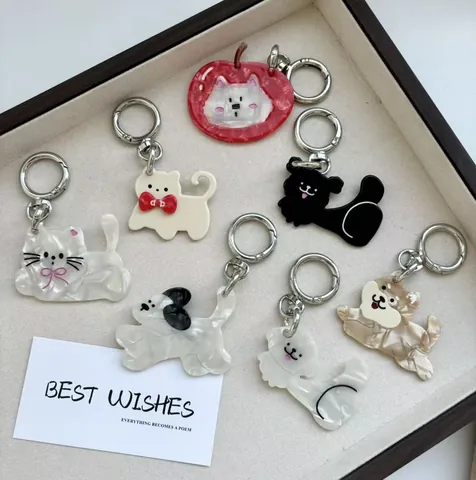 Cute Cartoon Dog Cat Keychain Cellulose Acetate Marble Pattern Animal Fruit Shaped Key Ring Mini Comb Bag Pendant Jewelry Gift