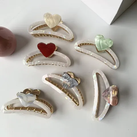 Korean Style Heart Acetate Hair Claw Clip Elegant Marble Pattern Artificial Pearl Shell Texture Shark Clip For Women Hair Accessories