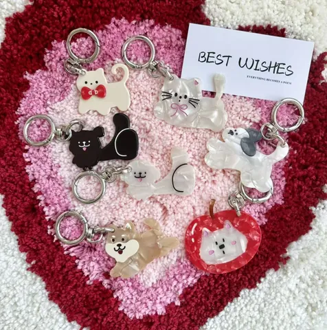 Cute Cartoon Dog Cat Keychain Cellulose Acetate Marble Pattern Animal Fruit Shaped Key Ring Mini Comb Bag Pendant Jewelry Gift