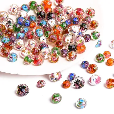Faceted Lampwork Glass Beads With Rose Flower Pattern And Gold Foil Round Loose Spacer Beads For DIY Jewelry Making Necklaces Bracelets Accessory