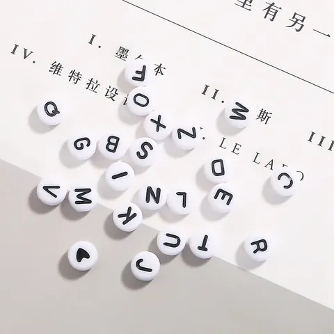 Acrylic Alphabet Beads Flat Round White With Black Letters For DIY Bracelet Necklace Jewelry Making Handmade Craft Beads