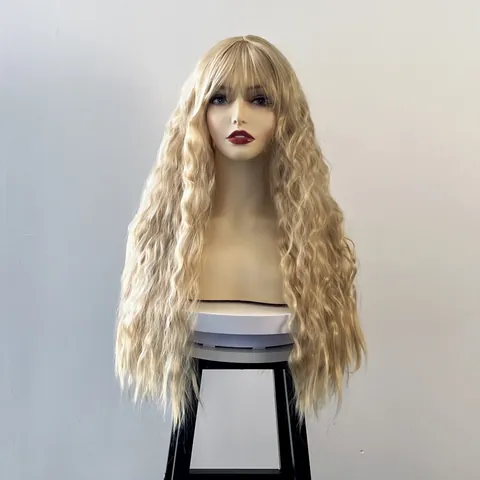 Lange Wasserwelle Lockige Perücke Mit Luft Pony Hochtemperatur Synthetikfaser Hitzebeständiges Haar Für Damen Alltag Party