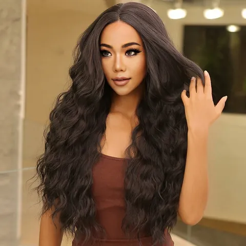 Women Long Curly Synthetic Hair Wig Heat Resistant Fiber Middle Part Corn Perm African Style Long Wavy Wig For Daily Party