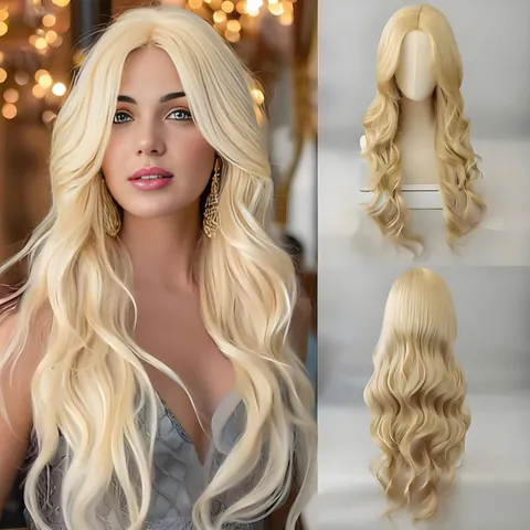 Women Long Curly Wig Center Part Large Wave Synthetic High Temperature Fiber Heat Resistant Hair Daily Natural Look