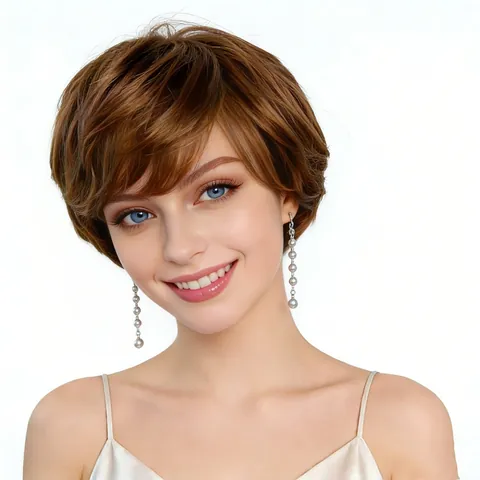 Women Fashion Short Curly Wig Synthetic High Temperature Fiber Natural Fluffy Layered Pixie Cut Light Brown Daily Hair For Women