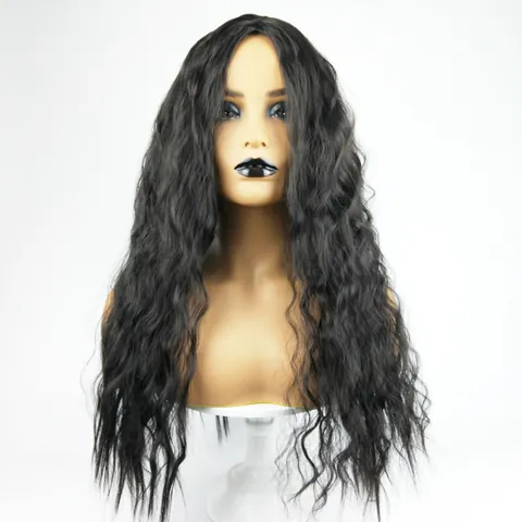 Women Fashion Long Curly Corn Perm Synthetic Wig Middle Part Bangs High Temperature Silk Hair For Daily Party Black Brown