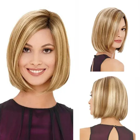 Parrucca Bob Corta Liscia da Donna Moda Biondo Lino Fibra Sintetica ad Alta Temperatura Capelli Resistenti al Calore per Festa