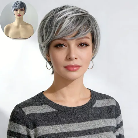 Western Fashion Short Straight Wig For Women Mixed Black White Brown Synthetic Heat Resistant Fiber Pixie Cut Machine Made Full Wig