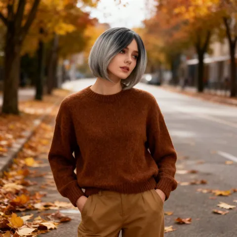 Donna Ombre Nero Grigio Sfumato Corto Liscia Bob Parrucca Fibra Sintetica Alta Temperatura Moda Riga In Mezzo Capelli