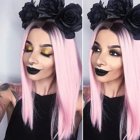 Parrucca da Donna Lunga Liscia Ombre Nero a Rosa Chiaro Fibra Sintetica ad Alta Temperatura Resistente al Calore Cosplay Festa