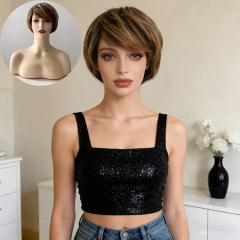 Damen Kurz Lockig Perücke Hochtemperatur-Synthetikfaser Braun Gold Ombre Highlights Gestufter Bob Frisur Für Alltag Party