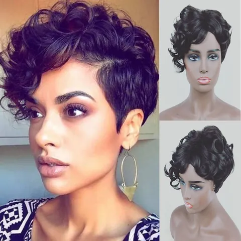Afro Kurze Lockige Perücke Für Damen Schwarz Kunsthaar Hitzebeständig Pixie Schnitt Natürlich Aussehende Wellige Perücke Alltag Party