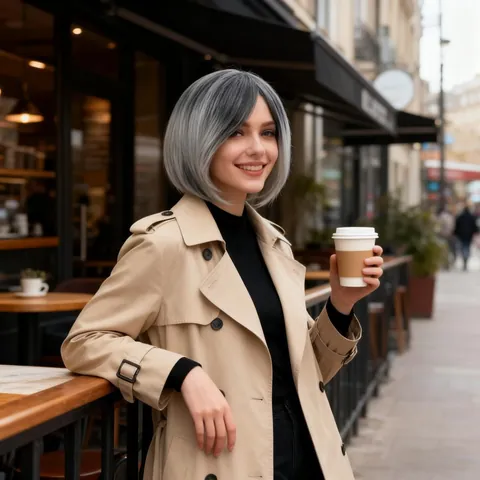 Donna Ombre Nero Grigio Sfumato Corto Liscia Bob Parrucca Fibra Sintetica Alta Temperatura Moda Riga In Mezzo Capelli