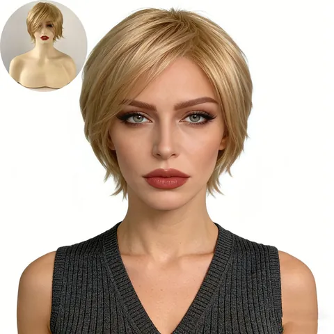Short Blonde Pixie Cut Wig For Women Side Part Layered Synthetic High Temperature Fiber Straight Hair Fashion Wig For Daily Party Wear