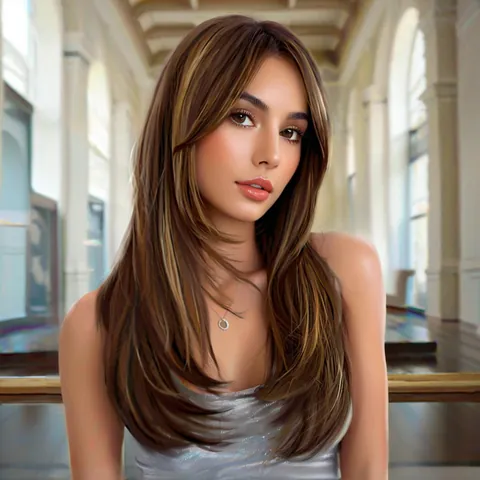 Damen Lang Wellig Perücke Braun Blonde Highlights Synthetik Hochtemperaturfaser Mittelscheitel Natürlich Flauschiges Haar Alltag Party