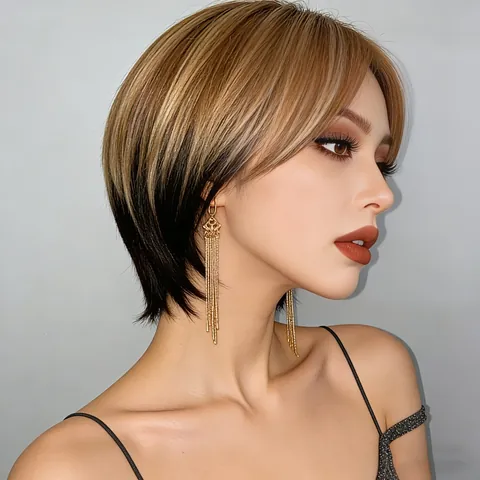 Women's Short Straight Bob Wig Ombre Blonde Synthetic Heat Resistant Fiber Wig Natural Looking Machine Made Fashion Wig