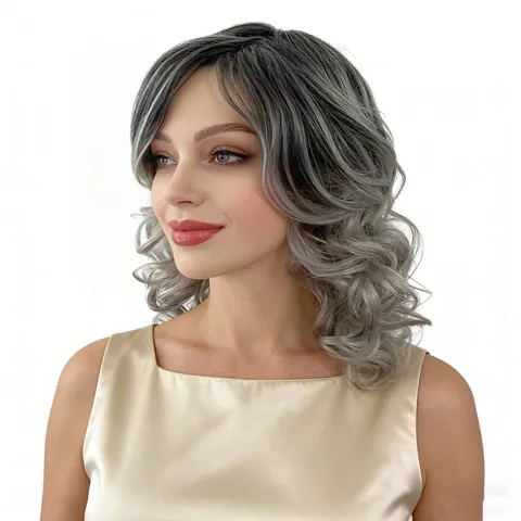 Parrucca Completa Donna Media Lunghezza Grandi Onde Ricci Fibra Sintetica Alta Temperatura Nero Grigio Sfumato Per Uso Quotidiano Festa