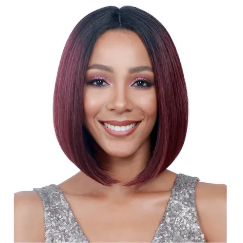 Parrucca Bob Corta da Donna Ombre Nero a Borgogna Fibra Sintetica ad Alta Temperatura Riga in Mezzo Capelli Lisci Perrucca