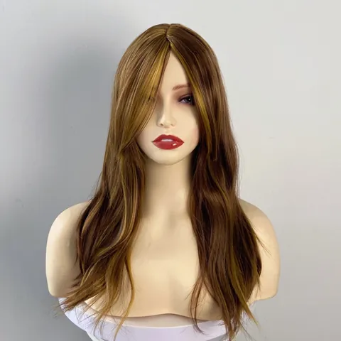Damen Lang Wellig Perücke Braun Blonde Highlights Synthetik Hochtemperaturfaser Mittelscheitel Natürlich Flauschiges Haar Alltag Party