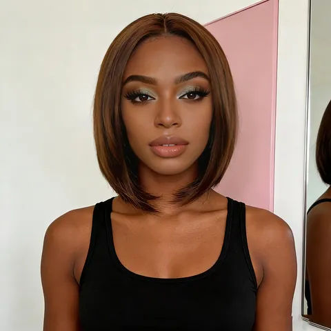 Women Short Straight Bob Wig Middle Part Heat Resistant Synthetic Fiber Natural Looking Full Headwear For Daily Party Fashion