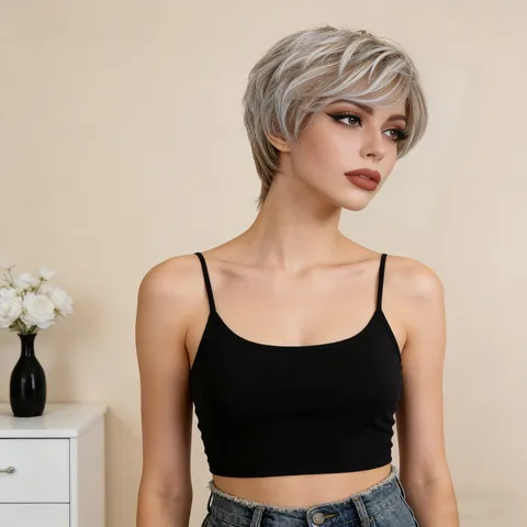 Women Short Pixie Cut Wig Synthetic High Temperature Fiber Silver Grey Blonde Layered Mixed Color Natural Look Daily Party