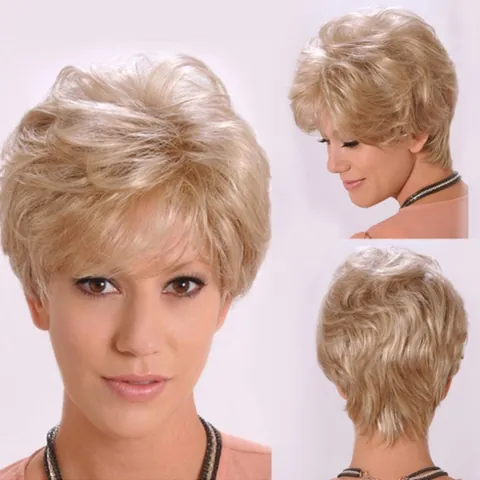 Parrucca Sintetica Corta Riccia Donna Naturale Voluminosa Taglio Scalato Pixie Cut Fibra Resistente al Calore per Festa