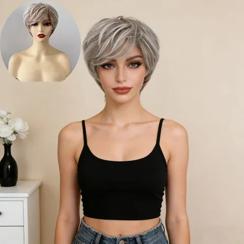 Women Short Pixie Cut Wig Synthetic High Temperature Fiber Silver Grey Blonde Layered Mixed Color Natural Look Daily Party