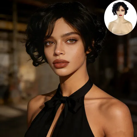 Women Short Afro Kinky Curly Black Synthetic Fiber Wig Voluminous Fluffy Retro Style For African American Daily Party Use