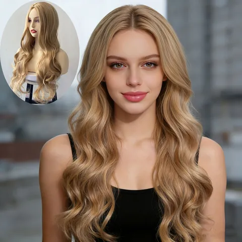 Women Long Wavy Wig Middle Part Honey Blonde Heat Resistant High Temperature Silk Synthetic Hair For Daily Cosplay Fashion