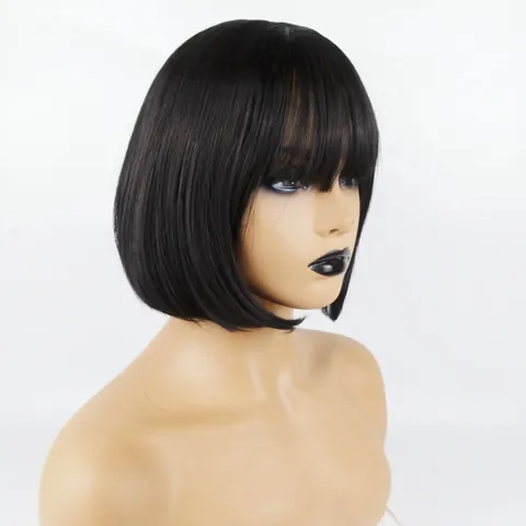 Peluca Bob Corta Para Mujer Con Flequillo Recto Cabello Sintético Resistente Al Calor Corte Bob Liso Peluca De Moda Diaria