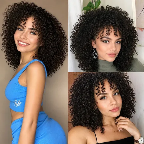 Damen Afro Kurz Kinky Curly Perücke Hitzebeständige Kunstfaser Natur Schwarz Flauschiges Haar Für Party Alltag
