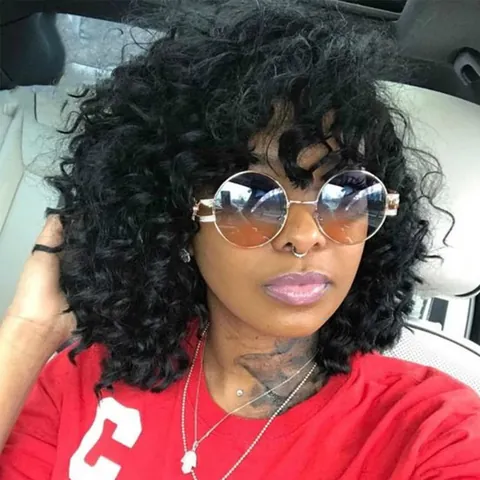 Women African Afro Short Kinky Curly Wig Heat Resistant Synthetic Fiber Natural Black Fluffy Hair For Party Daily Wear