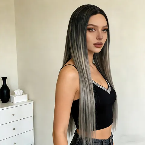 Women's Ombre Long Straight Synthetic Hair Wig Middle Part Heat Resistant Fiber Ombre Grey Pink Burgundy Daily Party Cosplay Wigs