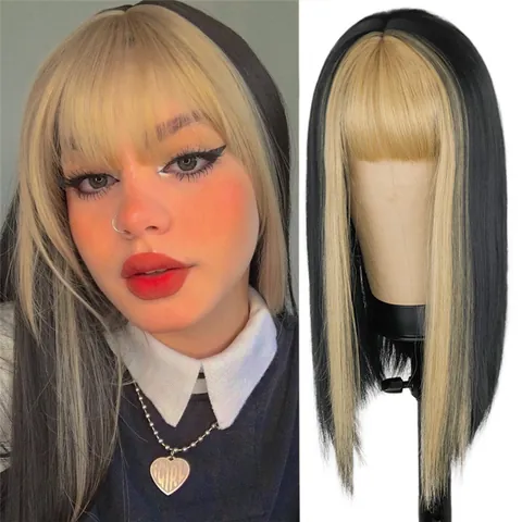 Women Long Straight Wig With Blonde Bangs Money Piece Heat Resistant Synthetic Fiber Two Tone Black Blonde Daily Hairpiece
